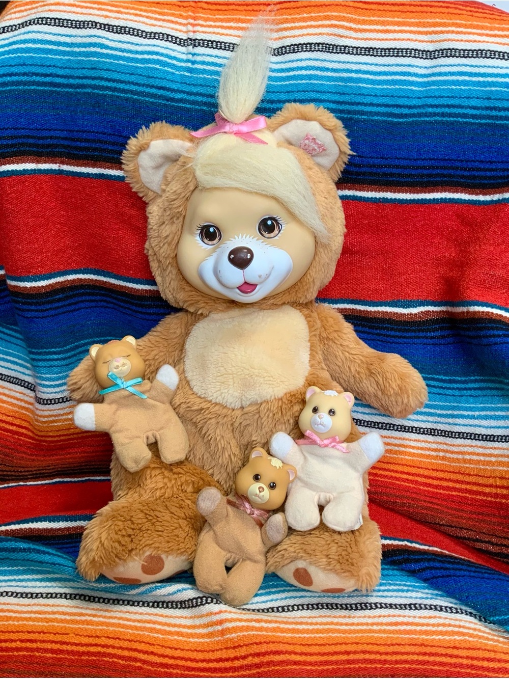 Vintage Hasbro Baby Cub Surprise Mama Bear Brown Tan 3 Babies Stuffed Animal Toy